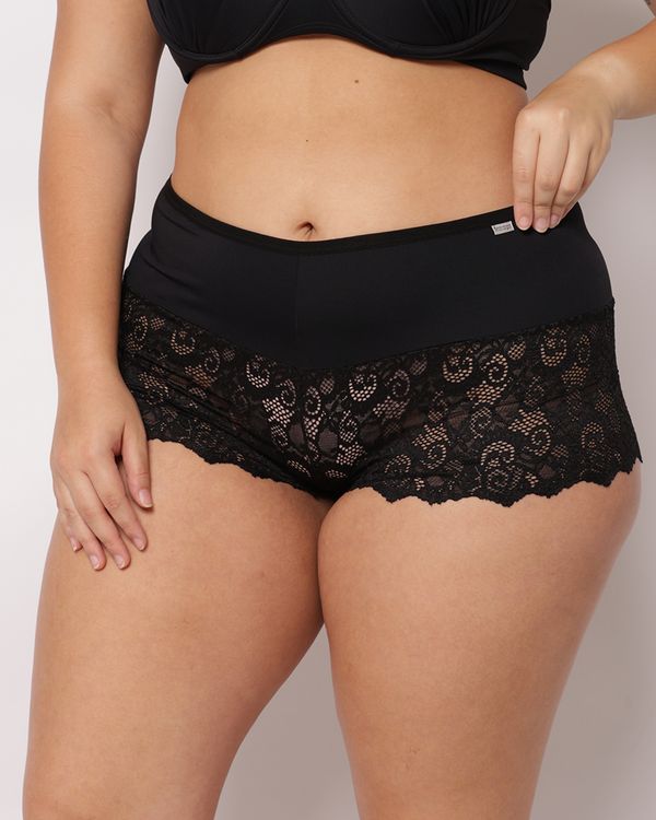 Calcinha Plus Size Feminina Caleçon Poliamida com Renda Preta 50