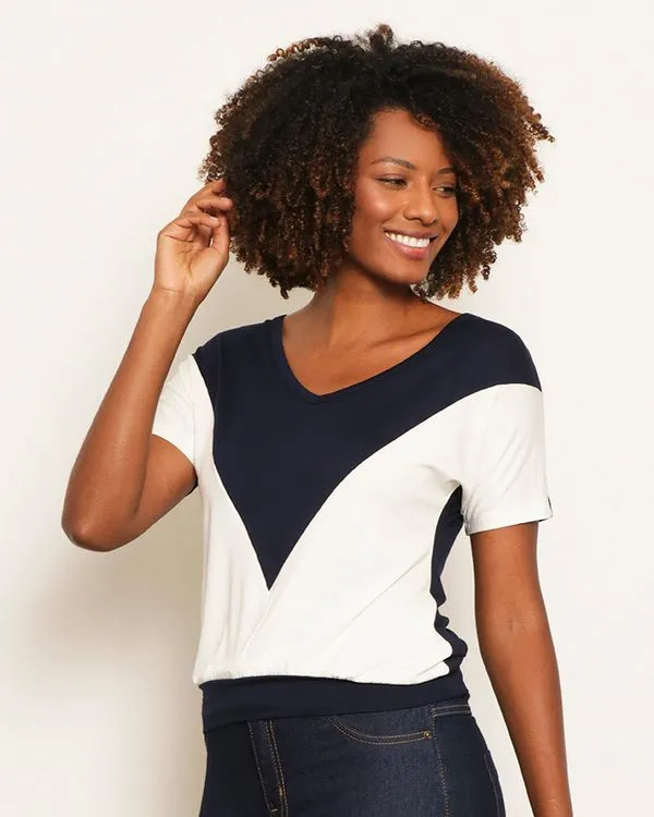 Blusa Feminina Recorte Em V Manga Curta Off White GG