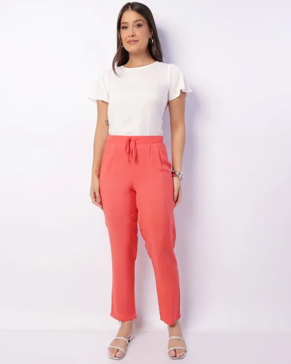 Calça Feminina Berry & Co. Reta Viscose Com Cordão Laranja P