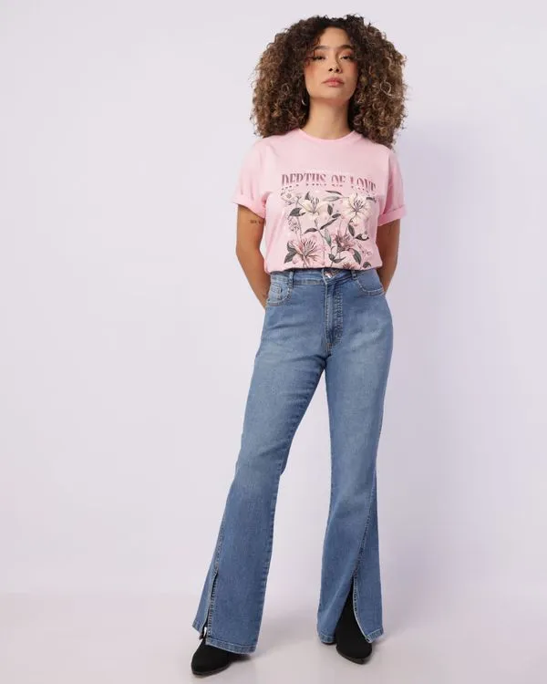 Calça Jeans Feminina Flare com Fendas Azul 44