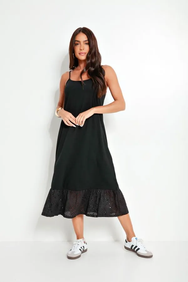 Vestido em Malha De Algodão com Alças Reguláveis e Barrado em Laise Preto XXG