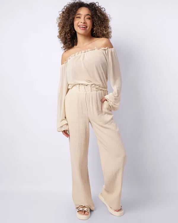 Calça Feminina Wide Leg Algodão Berry & Co. com Bolso Bege PP