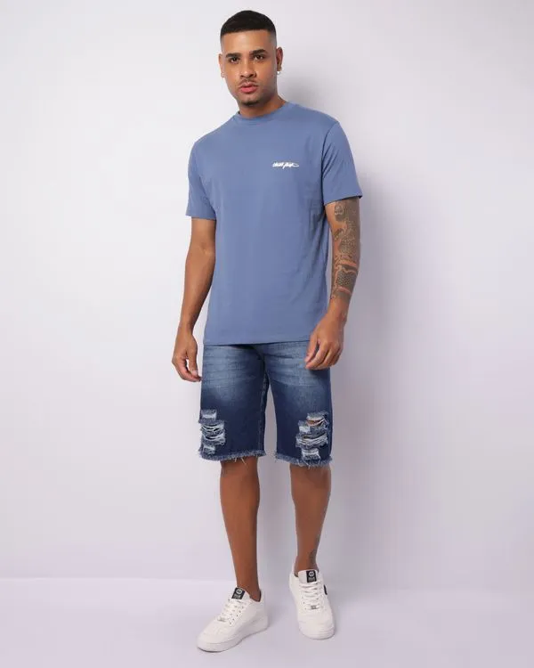 Bermuda Jeans Masculina Reta Destroyed Barra Desfiada Azul 46