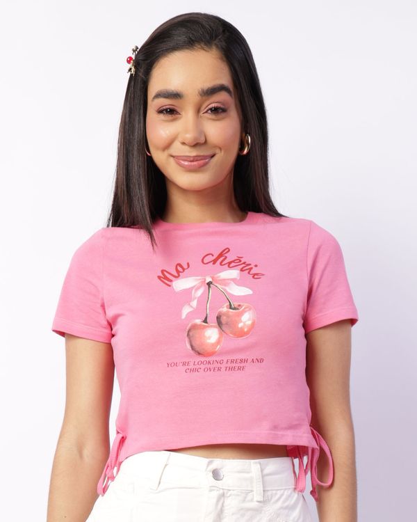 Blusa Feminina Cropped Manga Curta Amarração Lateral Rosa M