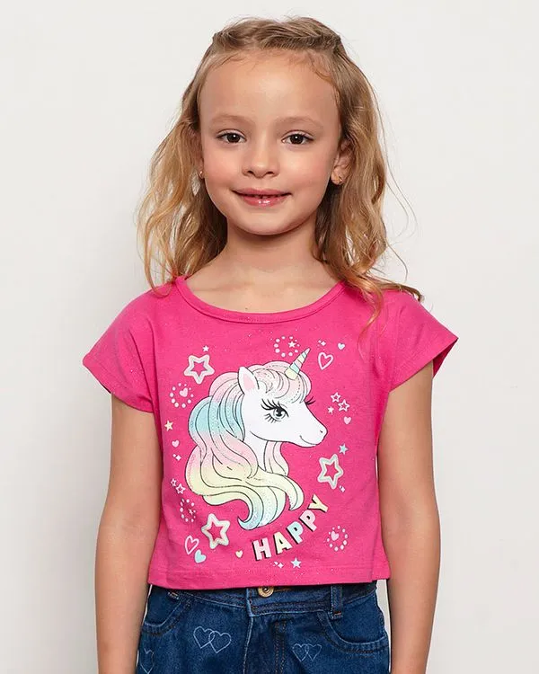 Blusa Infantil Cropped Estampa Unicórnio Com Paetê e Glitter Rosa 10