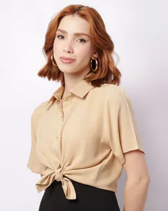 Camisa Feminina Berry & Co. Viscose Manga Curta Bege G