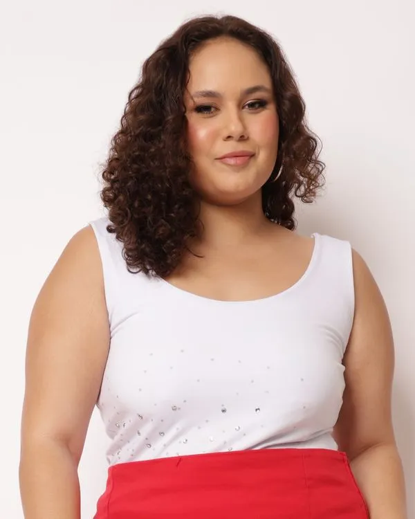 Regata Plus Size Feminina com Strass Branca G2