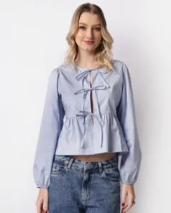 Camisa Manga Longa Bufante Com Babados Laços Azul M