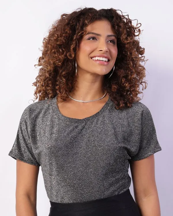 Blusa Feminina Manga Curta Lurex Cinza GG