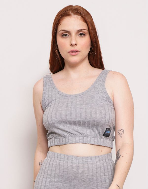 Regata Cropped Feminina Canelada Cinza P