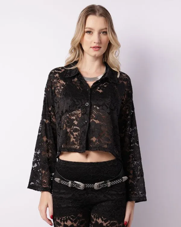 Camisa Feminina Manga Longa Renda Preta M