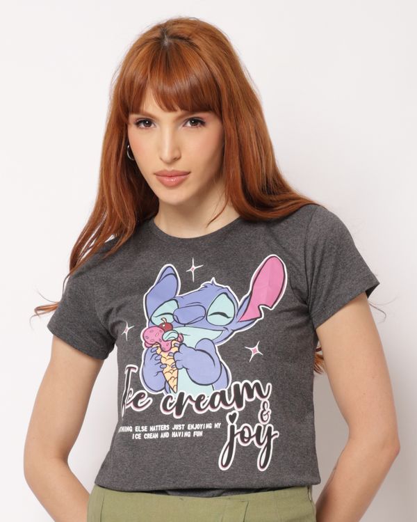 Camiseta Feminina Disney Estampa Stitch Manga Curta Cinza P