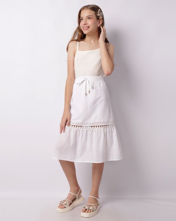 Saia Juvenil Midi Com Renda Guipir listrada Lurex Branca 12