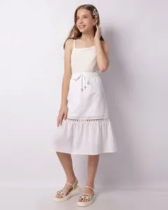 Saia Juvenil Midi Com Renda Guipir listrada Lurex Branca 12