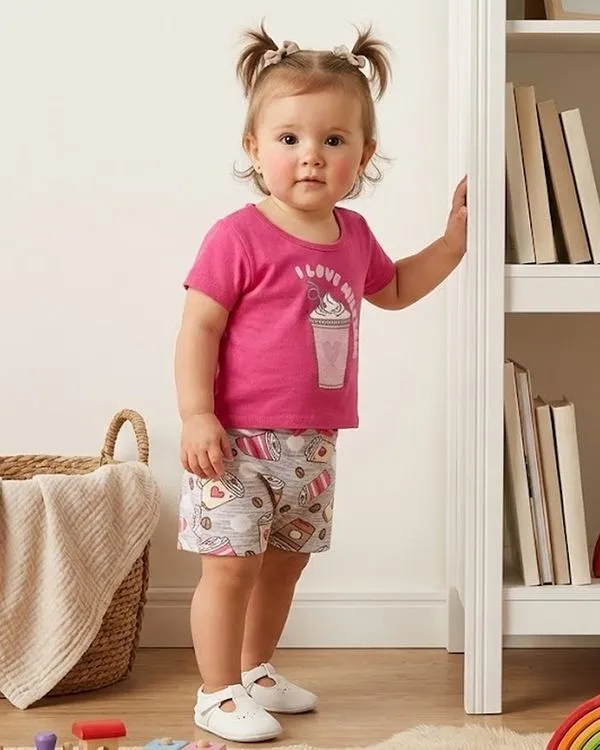 Conjunto Bebê Curto Estampa Milk Shake Rosa P