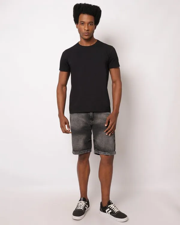 Bermuda Jeans Masculina Reta Barra Dobrada Preta 38
