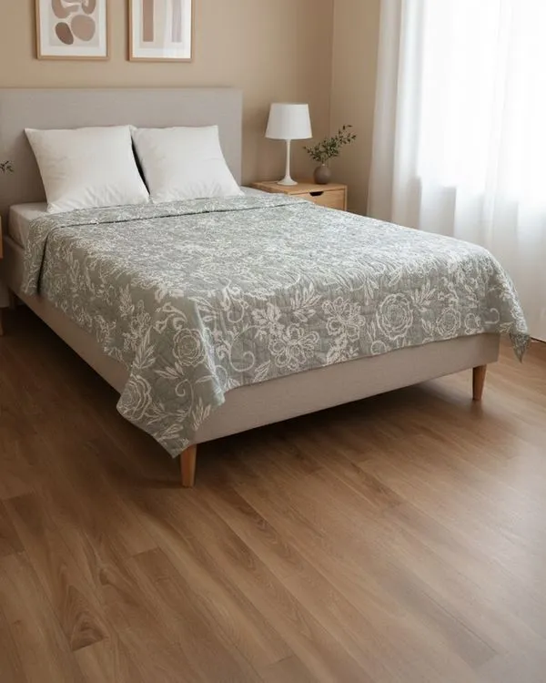 Colcha Casal Com Viés Arte & Cazza 200cm x2,40cm Estampada Floral Cinza UN