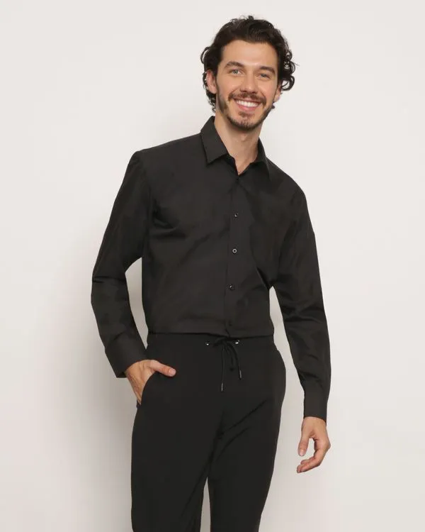 Camisa Masculina Social Manga Longa Bolso Preta 6
