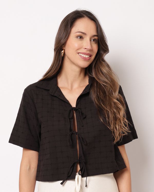 Camisa Feminina Cropped Algodão Berry & Co. Amarração Preta G