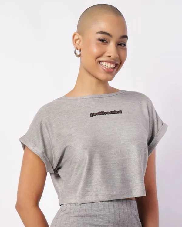 Blusa Feminina Cropped Glitter com Estampa Manga Curta Cinza G