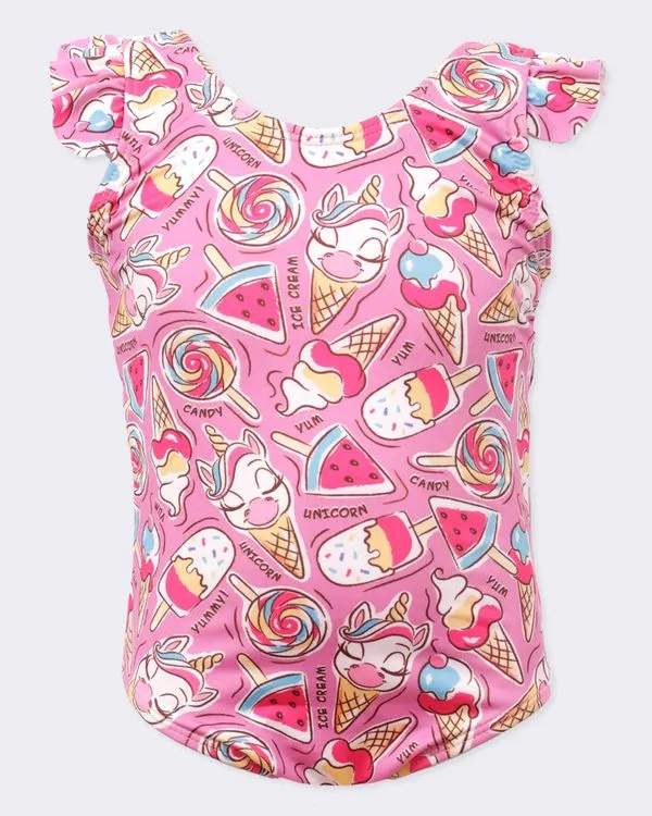 Maiô Infantil Estampa Sorvetes Com Amarração Proteção UV+50 Rosa 8