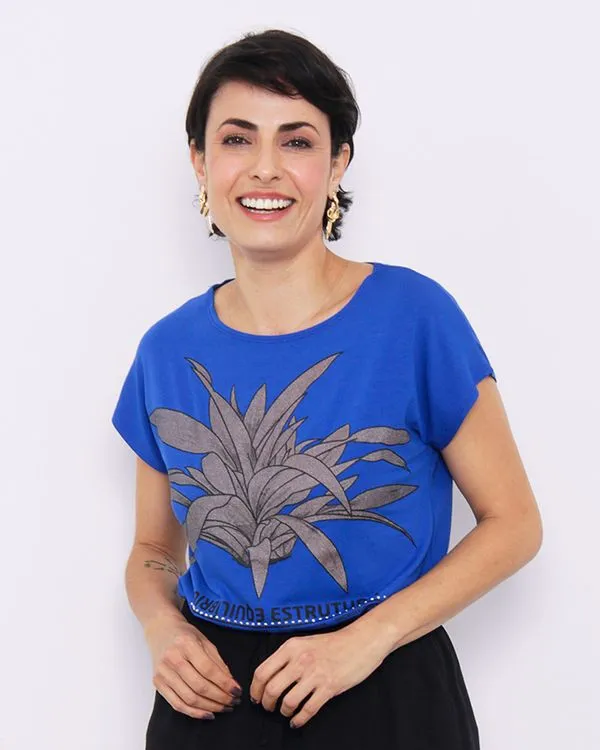 Blusa Feminina Manga Curta Estampa Azul P