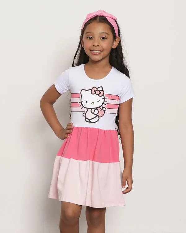 Vestido Infantil Manga Curta Três Marias Estampa Hello Kitty Branco 10