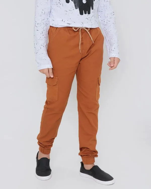 Calça Juvenil Sarja Jogger Cargo Mostarda 16