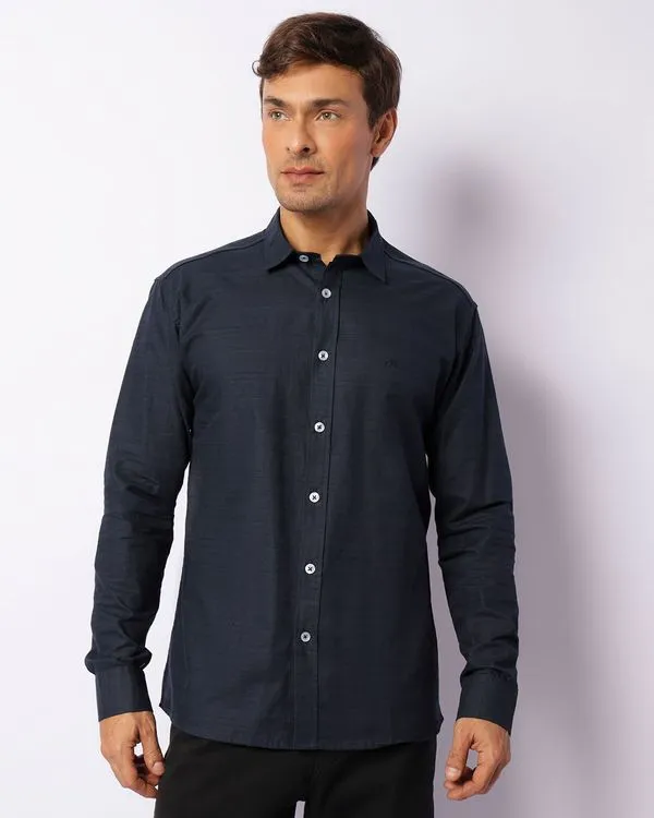Camisa Masculina Texturizada Com Bordado Manga Longa Marinho GG