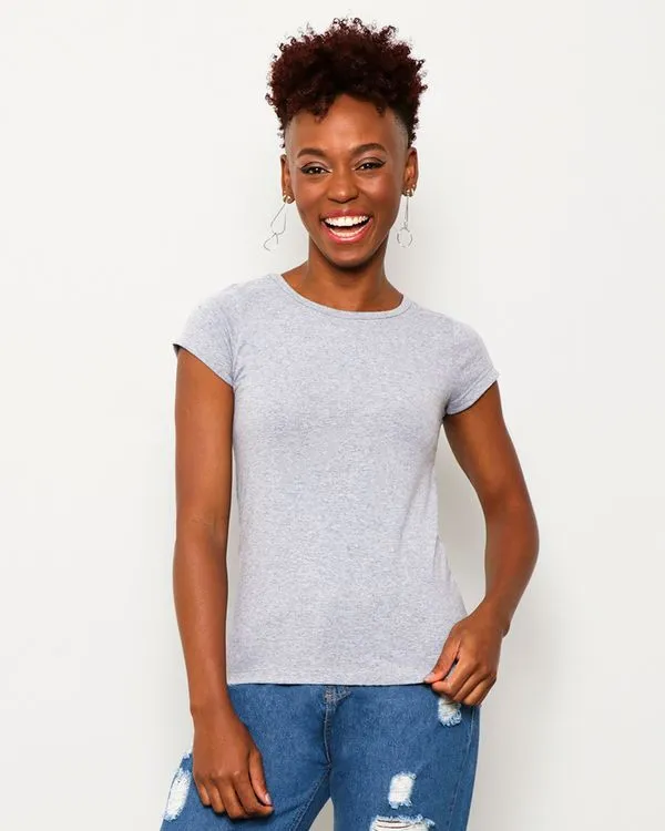 Blusa Feminina Básica Manga Curta Mescla Médio P