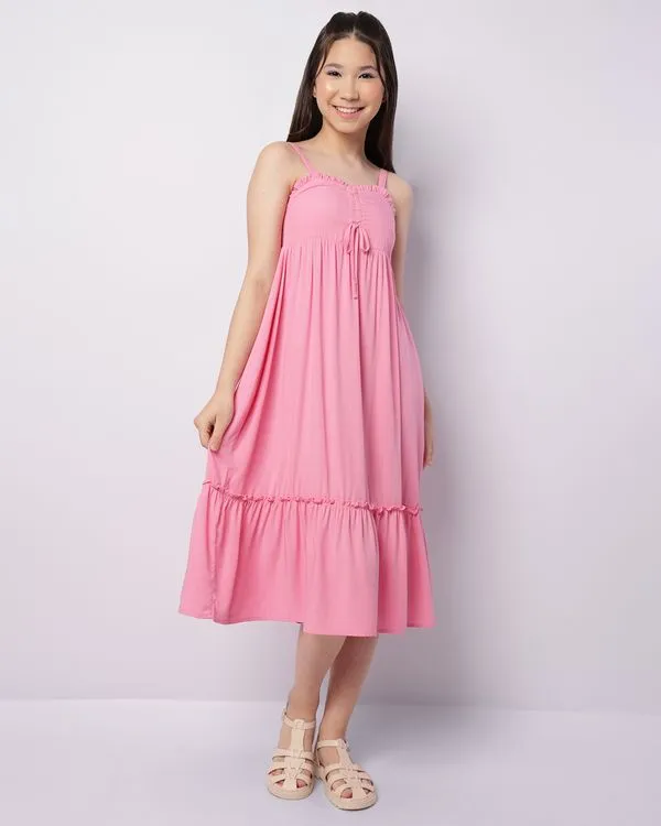 Vestido Juvenil Midi Viscose Alcinha Com Babado Rosa 12