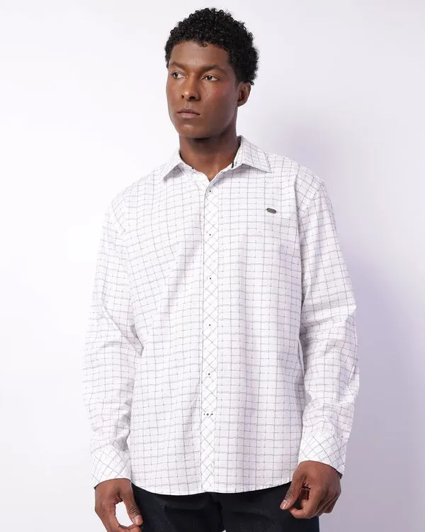 Camisa Masculina Manga Longa Xadrez Branca GG