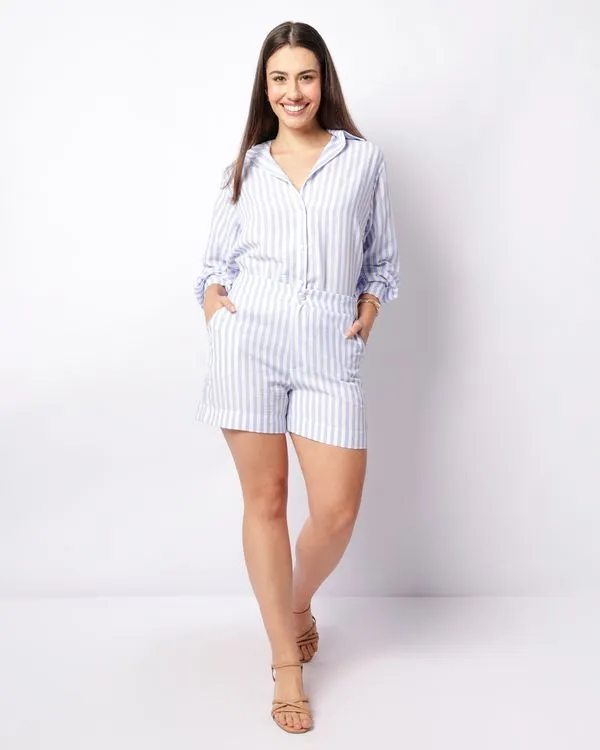 Short Feminino Curto Com Bolsos Listrado Azul G