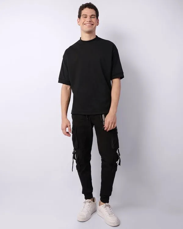 Calça Masculina Sarja Cargo Jogger Streetwear Preta 42