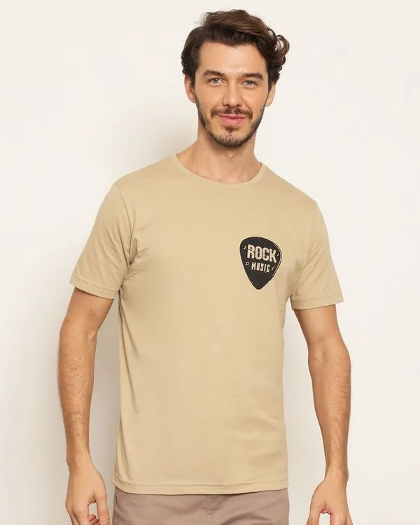 Camiseta Masculina Estampa Rock Manga Curta Bege GG