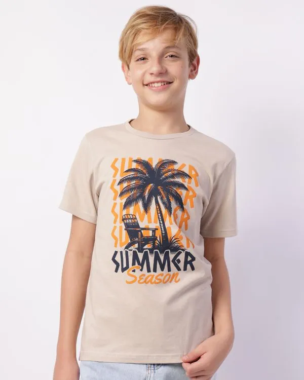Camiseta Juvenil Algodão Estampa Summer Manga Curta Bege 14