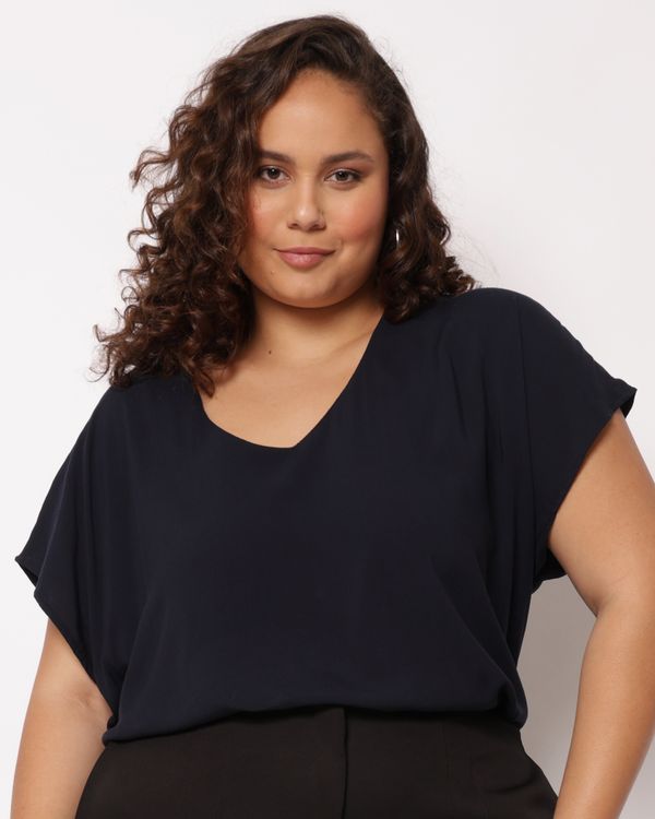 Blusa Plus Size Feminina Berry & Co. Viscose Decote V Manga Curta Marinho G3