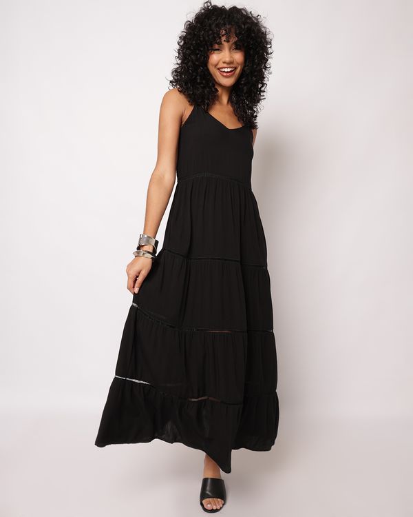 Vestido Feminino Longo Berry & Co.Viscose com Entremeio Palito Preto M