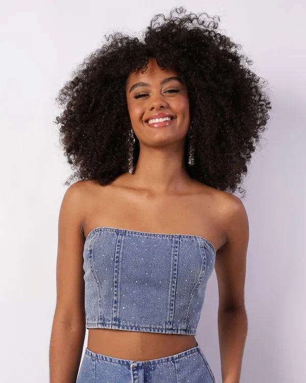Top Jeans Feminino Lastex Com Strass Azul M