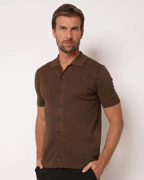Camisa Masculina Texturizada com Botões Marrom M