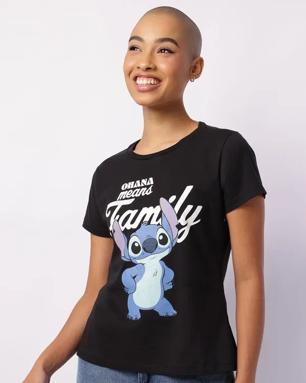Camiseta Feminina Disney Stitch Manga Curta Preta P