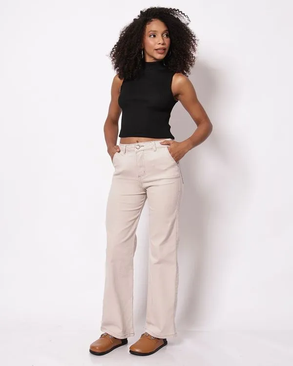 Calça Sarja Feminina Wide Leg Petit Biotipo Bege 46