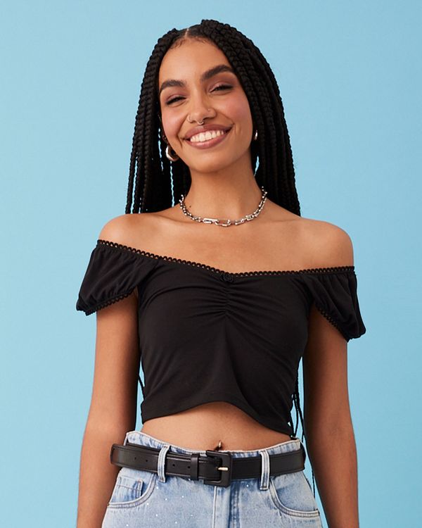 Blusa Feminina Cropped Manga Curta Preta G
