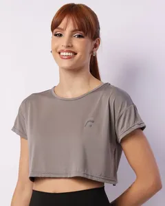 Camiseta Fitness Feminina Cropped Fitter Manga Curta Cinza GG