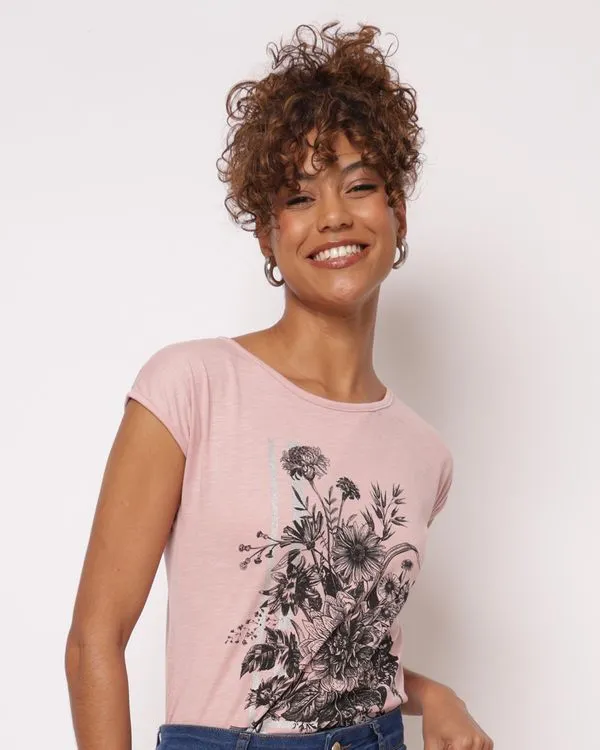 Blusa Feminina Manga Curta Estampa Floral Rosa M