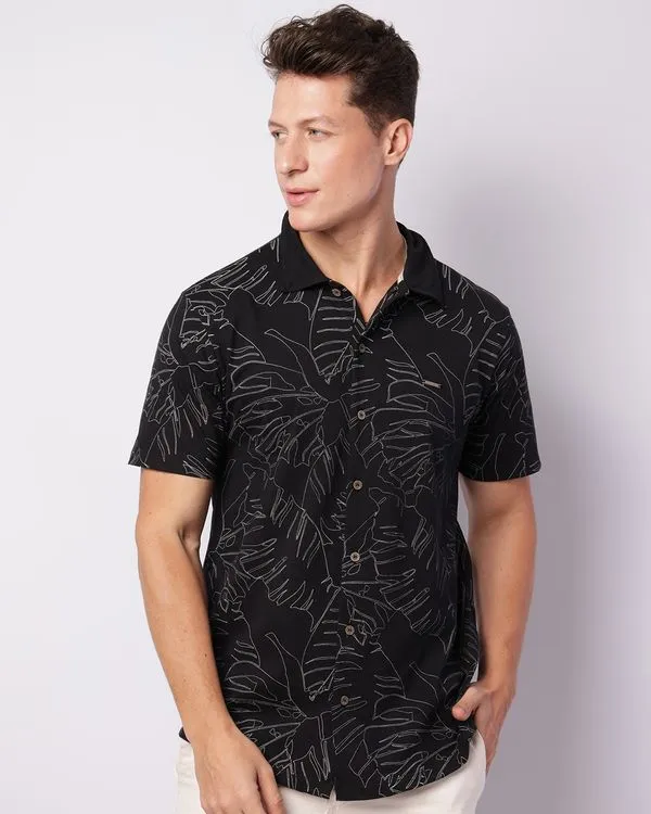 Camisa Masculina Estampada Folhagem Manga Curta Preta G