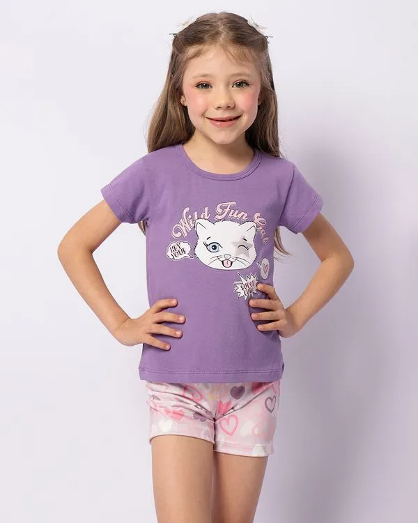 Conjunto Infantil Estampa Gatinho Manga Curta Roxo 6