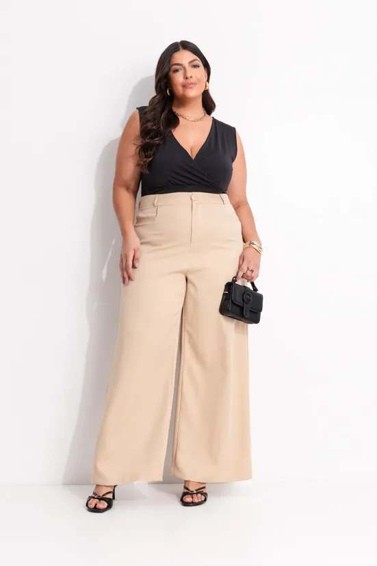 Calça em Crepe Plano com Elastico Costas Bege 46