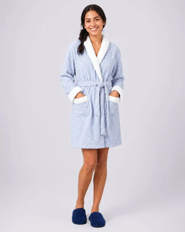 Roupão Kimono Plumagem com Sherpa Estampa Poa Azul XG