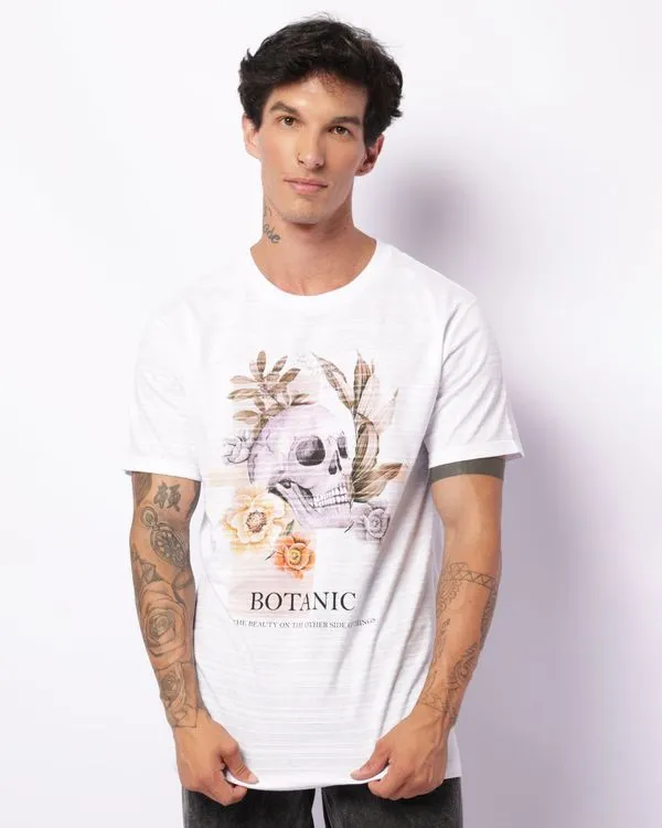 Camiseta Masculina Estampa Caveira Com Flores Manga Curta Branca G